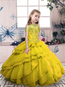 Olive Green Ball Gowns Beading and Ruffled Layers Pageant Gowns Side Zipper Organza Sleeveless Floor Length