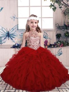 Wonderful High-neck Sleeveless Pageant Dress for Womens Floor Length Beading and Ruffles Red Tulle