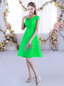 Green Lace Up V-neck Lace Wedding Guest Dresses Lace Cap Sleeves