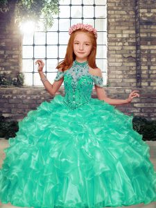 Beading and Ruffles Child Pageant Dress Apple Green Lace Up Sleeveless Floor Length
