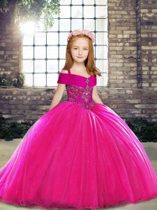 Eye-catching Sleeveless Tulle Brush Train Lace Up Child Pageant Dress in Fuchsia with Beading