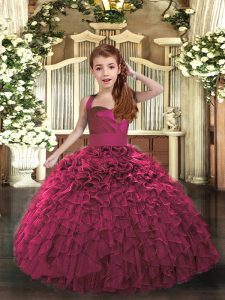 Fuchsia Ball Gowns Organza Straps Sleeveless Ruffles Floor Length Lace Up Pageant Dress for Teens