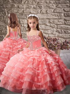 On Sale Watermelon Red Organza Lace Up Pageant Gowns For Girls Brush Train Beading and Ruffled Layers