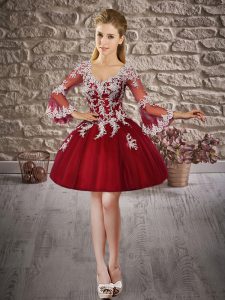 Wine Red V-neck Lace Up Appliques Dress for Prom Long Sleeves