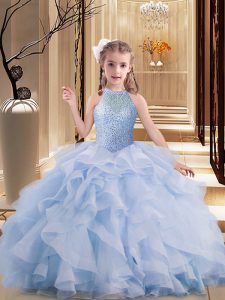 Beading Little Girls Pageant Gowns Lavender Lace Up Sleeveless Brush Train