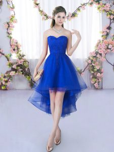 High Low Lace Up Bridesmaid Dress Royal Blue for Wedding Party with Lace