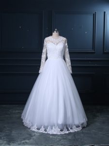 White Lace Up Scoop Lace Bridal Gown Tulle Long Sleeves Brush Train