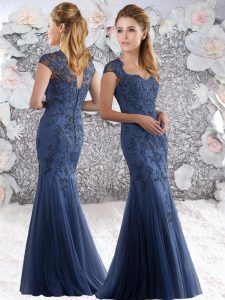 Fantastic Navy Blue Zipper Straps Appliques Prom Gown Tulle Cap Sleeves