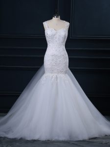 Shining White Bridal Gown Wedding Party with Lace Straps Sleeveless Watteau Train Side Zipper