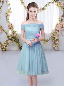 Most Popular Tulle Off The Shoulder Short Sleeves Lace Up Belt Quinceanera Dama Dress in Blue
