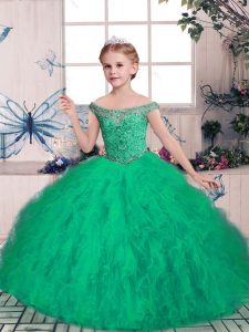 Green Off The Shoulder Neckline Beading Winning Pageant Gowns Sleeveless Lace Up