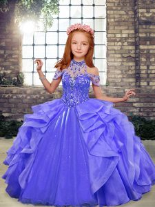 Blue Ball Gowns Halter Top Sleeveless Organza Floor Length Lace Up Beading and Ruffles Little Girl Pageant Gowns
