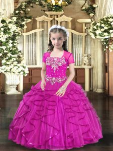 Beading Pageant Gowns Fuchsia Lace Up Sleeveless Floor Length