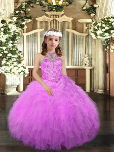 Beauteous Ball Gowns Kids Formal Wear Lilac Halter Top Tulle Sleeveless Floor Length Lace Up