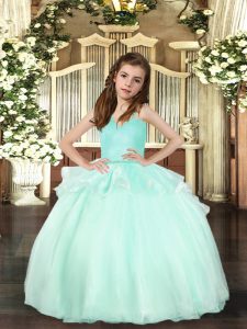 Low Price Aqua Blue Organza Lace Up Straps Sleeveless Floor Length Little Girl Pageant Dress Beading