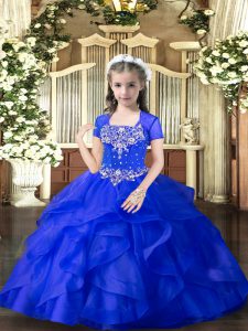 Discount Royal Blue Ball Gowns Tulle Straps Sleeveless Beading and Ruffles Floor Length Lace Up Girls Pageant Dresses