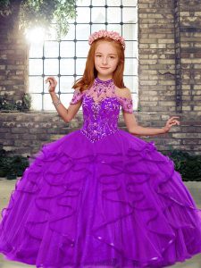 Elegant Purple Ball Gowns Tulle High-neck Sleeveless Beading and Ruffles Floor Length Lace Up Little Girl Pageant Dress