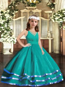 New Style Turquoise Ball Gowns Tulle V-neck Sleeveless Ruffled Layers Floor Length Zipper Kids Pageant Dress