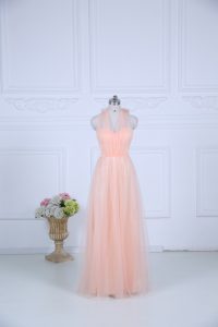 Ruching Quinceanera Dama Dress Peach Zipper Sleeveless Floor Length