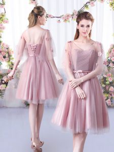 Pink A-line Appliques and Belt Damas Dress Lace Up Tulle Sleeveless Knee Length