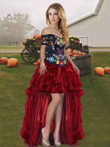 Wine Red Off The Shoulder Lace Up Embroidery and Ruffles Prom Dress Sleeveless