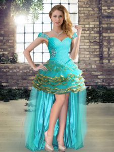 Custom Designed Aqua Blue A-line Organza Off The Shoulder Sleeveless Beading and Ruffled Layers High Low Lace Up Womens 