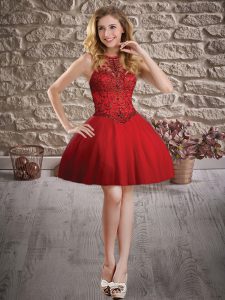 Wine Red Tulle Lace Up Prom Gown Sleeveless Mini Length Beading