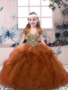 Sleeveless Tulle Floor Length Lace Up Little Girls Pageant Gowns in Rust Red with Beading and Ruffles