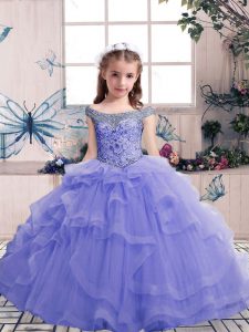 Lavender Ball Gowns Beading Little Girl Pageant Dress Lace Up Tulle Sleeveless Floor Length