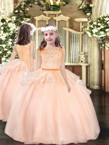 Peach Ball Gowns Organza Scoop Sleeveless Lace Floor Length Zipper Little Girls Pageant Dress