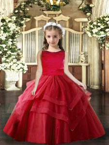 Red Lace Up Little Girl Pageant Dress Ruffled Layers Sleeveless Floor Length