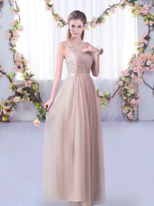 V-neck Sleeveless Tulle Bridesmaid Dresses Lace and Belt Side Zipper