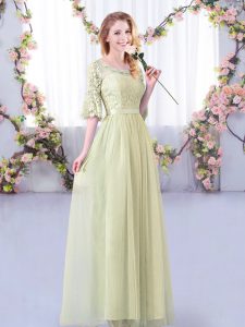 Yellow Green Empire Lace and Belt Bridesmaids Dress Side Zipper Tulle Half Sleeves Floor Length