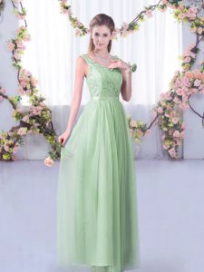 Sophisticated Apple Green Empire Lace and Belt Bridesmaid Dress Side Zipper Tulle Sleeveless Floor Length