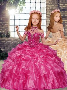 Hot Pink Organza Lace Up Little Girls Pageant Gowns Sleeveless Floor Length Beading and Ruffles