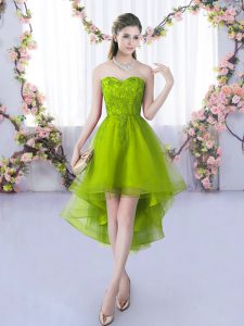 Fabulous High Low Lace Up Dama Dress Olive Green for Wedding Party with Lace