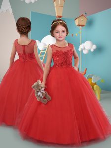 Ball Gowns Flower Girl Dresses for Less Red Scoop Tulle Sleeveless Floor Length Zipper