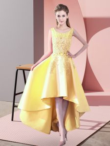 Glorious Yellow Satin Zipper Bridesmaid Dress Sleeveless High Low Lace