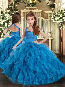 Custom Fit Floor Length Blue Little Girl Pageant Dress Tulle Sleeveless Ruffles