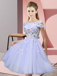 Captivating Lavender Empire Appliques Wedding Party Dress Lace Up Tulle Short Sleeves Knee Length