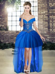 Spectacular Royal Blue Off The Shoulder Neckline Beading Dress Like A Star Sleeveless Lace Up