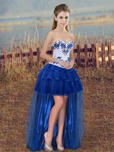 Sleeveless Organza High Low Lace Up Prom Party Dress in Royal Blue with Embroidery and Ruffled Layers