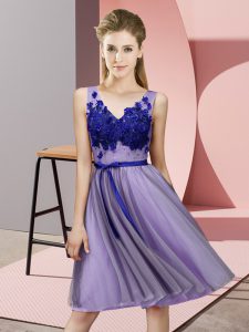 Fitting Lavender Empire Appliques Bridesmaid Dress Lace Up Tulle Sleeveless Knee Length