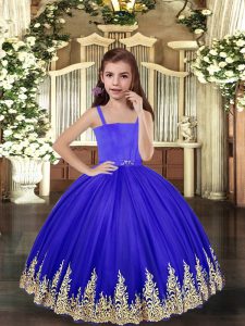 Royal Blue Ball Gowns Tulle Straps Sleeveless Embroidery Floor Length Lace Up Child Pageant Dress