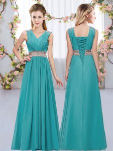 Beading and Belt Quinceanera Court Dresses Teal Lace Up Sleeveless Floor Length