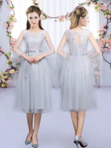 Scoop Sleeveless Lace Up Quinceanera Court of Honor Dress Grey Tulle