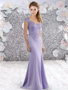 V-neck Cap Sleeves Dress for Prom Sweep Train Beading Lavender Satin