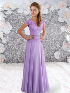 Lavender Empire Chiffon Scoop Short Sleeves Beading and Lace Floor Length Zipper Prom Dresses