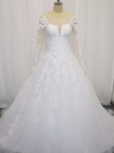 Scoop Long Sleeves Court Train Zipper Bridal Gown White Tulle