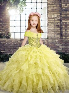 Floor Length Yellow Kids Formal Wear Straps Sleeveless Lace Up